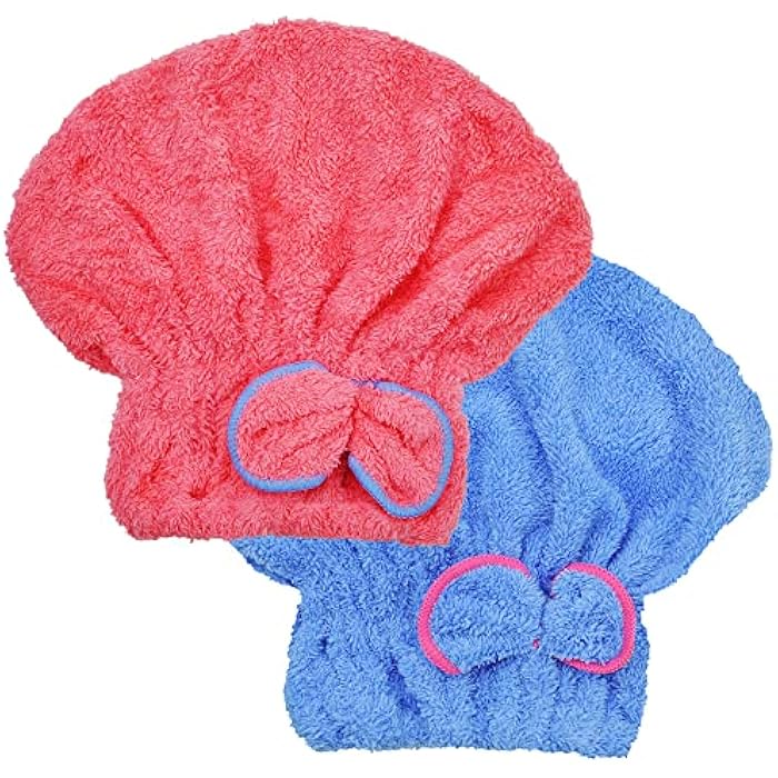 YMIFEEY 2 Pcs Microfibre Hair Towel Drying Towel Wrap Super Absorbent Quick Drying Hair Towel Hair Turbans for Wet Hair Elastic Shower Caps Dry Hair Cap with Bow for Women Girl Long Short Thick Hair - Image 1